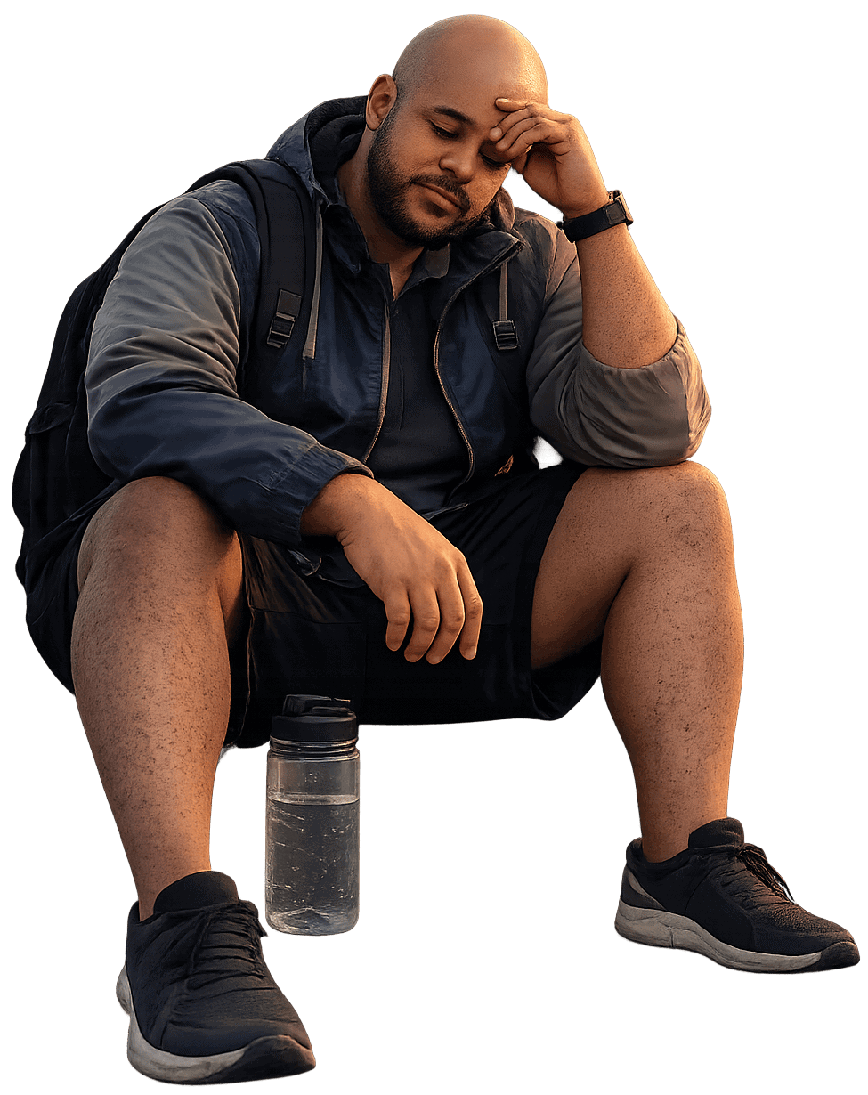 Homme fatigué après une séance de sport, assis en pleine réflexion.