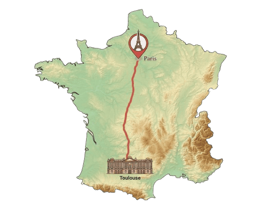 Balade à pied de Toulouse à Paris, illustrant le parcours historique et touristique entre les deux v.
